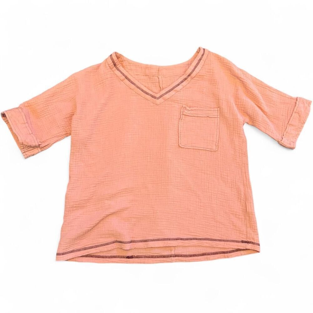 Gauzy pink boxy short sleeve Sleep top with front pocket Size Large